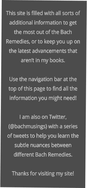 This site is filled with all sorts of additional information to get the most out of the Bach Remedies, or to keep you up on the latest advancements that aren’t in my books.    Use the navigation bar at the top of this page to find all the information you might need!   I am also on Twitter, (@bachmusings) with a series of tweets to help you learn the subtle nuances between different Bach Remedies.  Thanks for visiting my site!